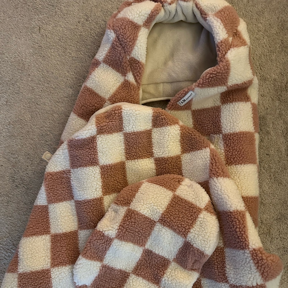 Kids Sherpa Check Zip Hoodie - Cream & Brown